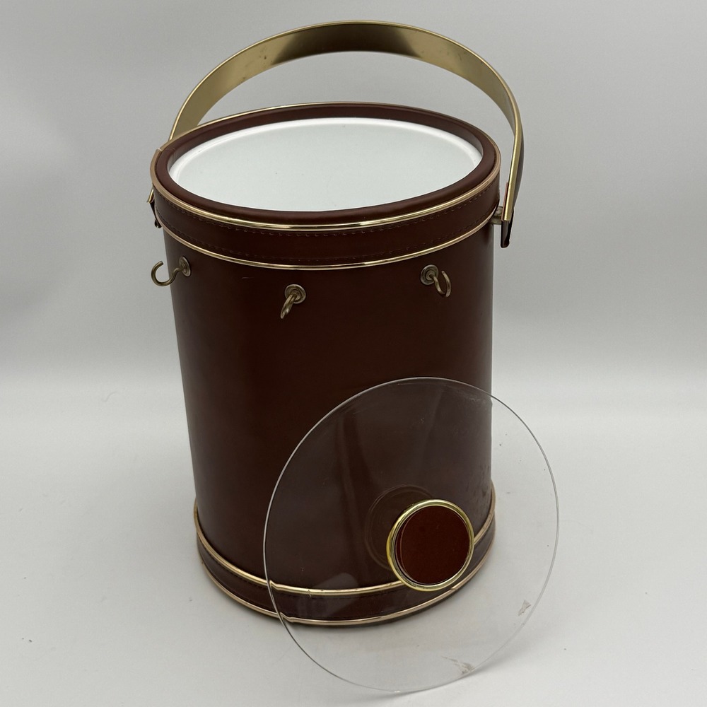Vintage Barware Brown Faux Leather Ice Bucket Gold Trim Insulated with Lid